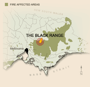 Areas affected by fire in the Black Friday bushfires