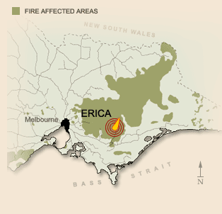 Areas affected by fire in the Black Friday bushfires