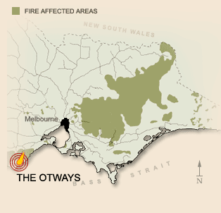 Areas affected by fire in the Black Friday bushfires